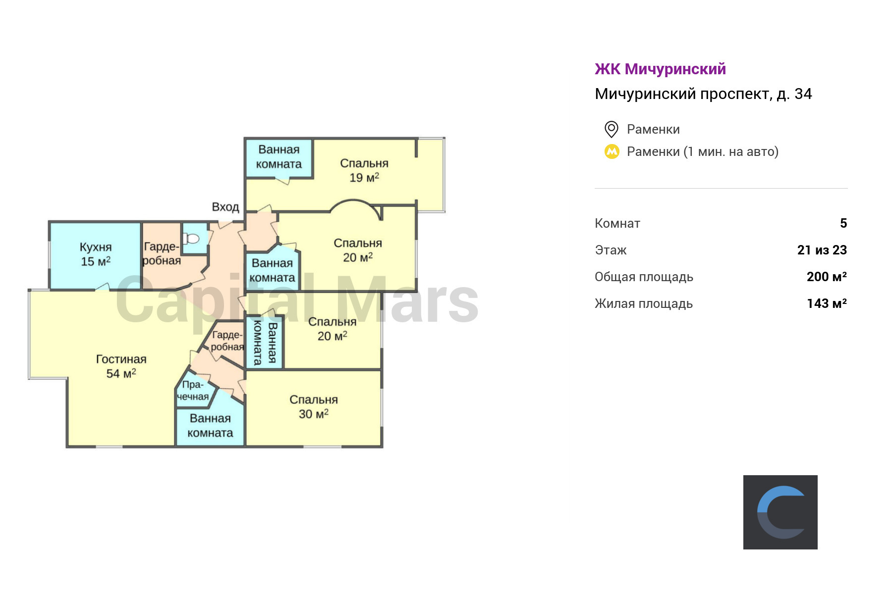 Продажа пятикомнатной квартиры, 200 кв.м, пр-кт Мичуринский, д 34 в Москве  — цены, фото, планировка на Capital Mars