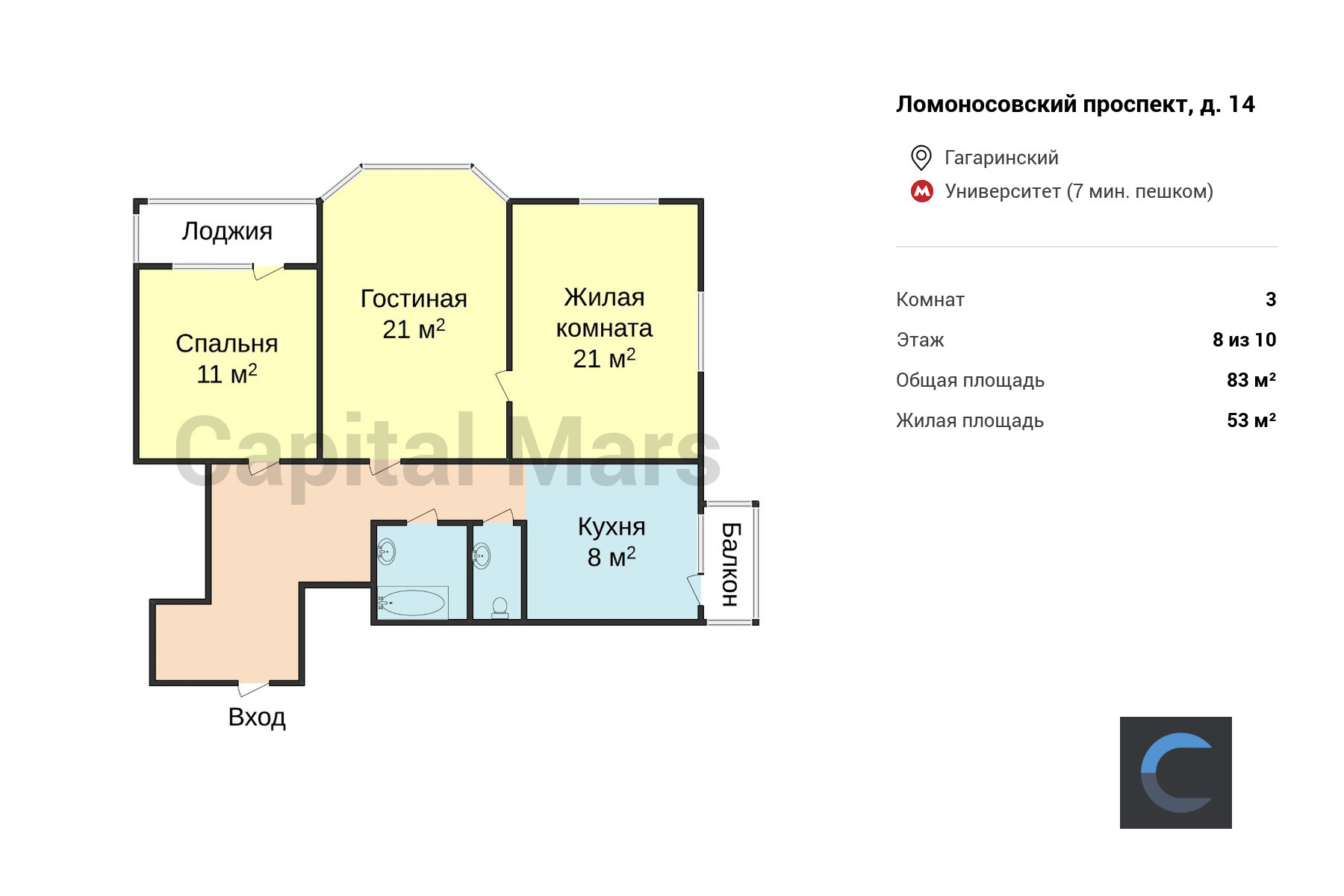 Аренда трехкомнатной квартиры, 83 кв.м, пр-кт Ломоносовский, д 14 | Capital  Mars