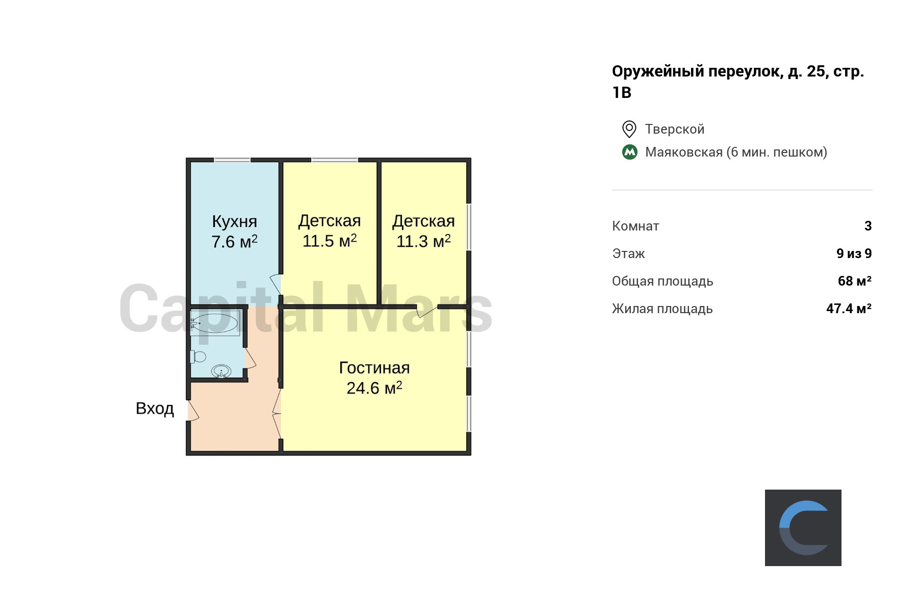 Продажа трехкомнатной квартиры, 68 кв.м, пер Оружейный, д 25 стр 1в в  Москве — цены, фото, планировка на Capital Mars