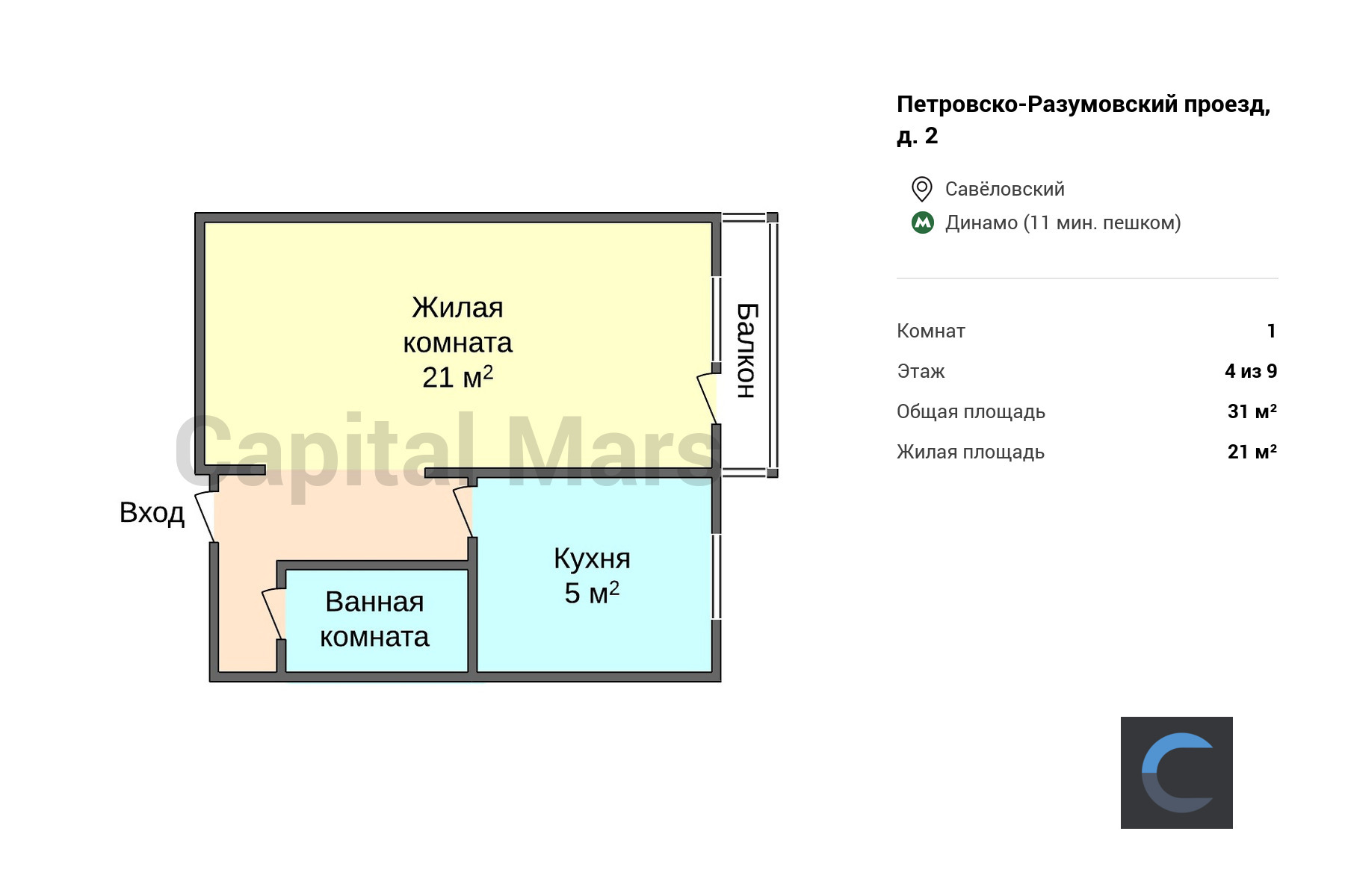 Продажа однокомнатной квартиры, 31 кв.м, проезд Петровско-Разумовский, д 2  в Москве — цены, фото, планировка на Capital Mars