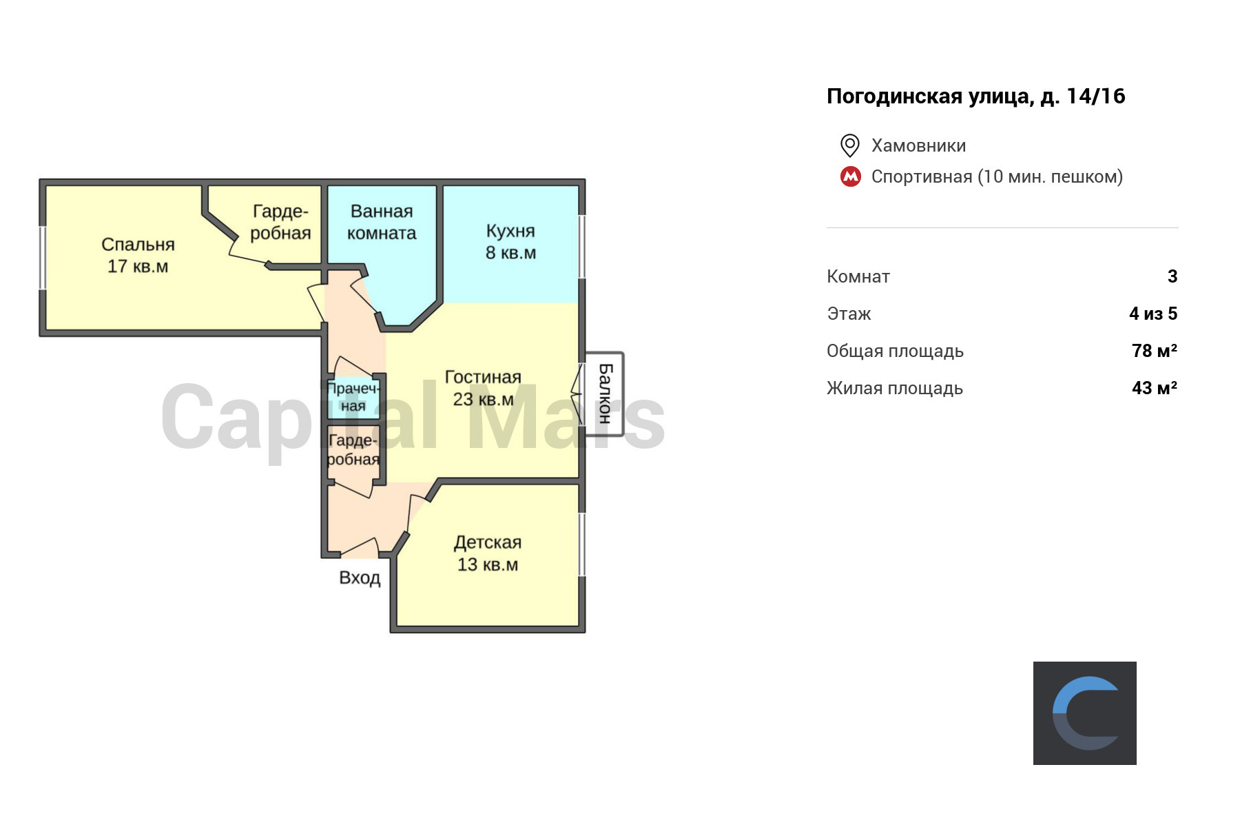 Продажа трехкомнатной квартиры, 78 кв.м, ул Погодинская, д 14/16 в Москве —  цены, фото, планировка на Capital Mars