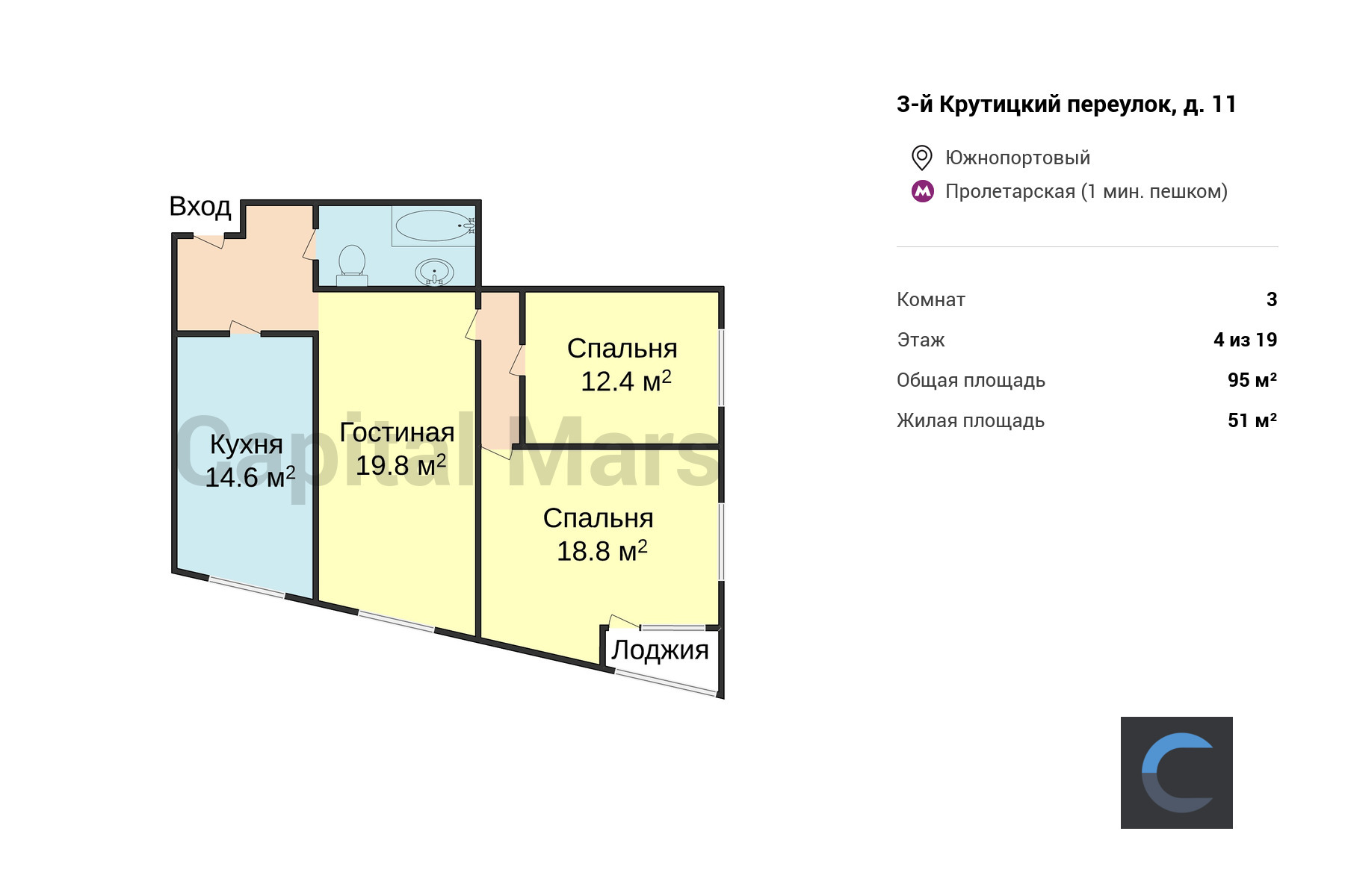 Продажа трехкомнатной квартиры, 95 кв.м, пер 3-й Крутицкий, д 11 в Москве —  цены, фото, планировка на Capital Mars