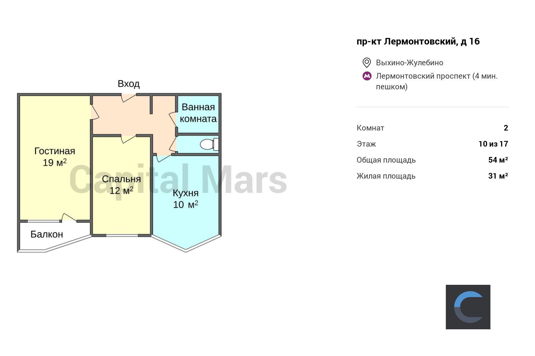 Продажа двухкомнатной квартиры, 54 кв.м, пр-кт Лермонтовский, д 16 в Москве  — цены, фото, планировка на Capital Mars