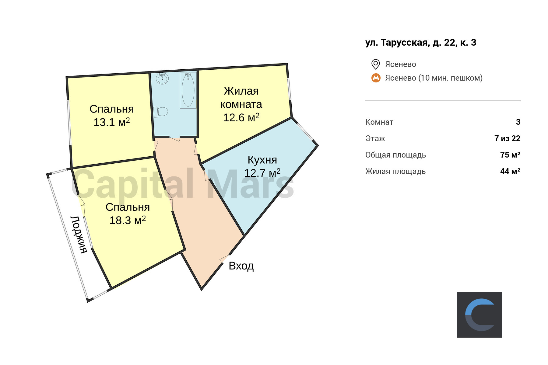 Продажа трехкомнатной квартиры, 75 кв.м, ул Тарусская, д 22 к 3 в Москве —  цены, фото, планировка на Capital Mars