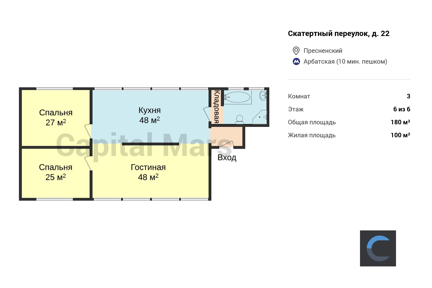 Аренда трехкомнатной квартиры, 180 кв.м, пер Скатертный, д 22 | Capital Mars