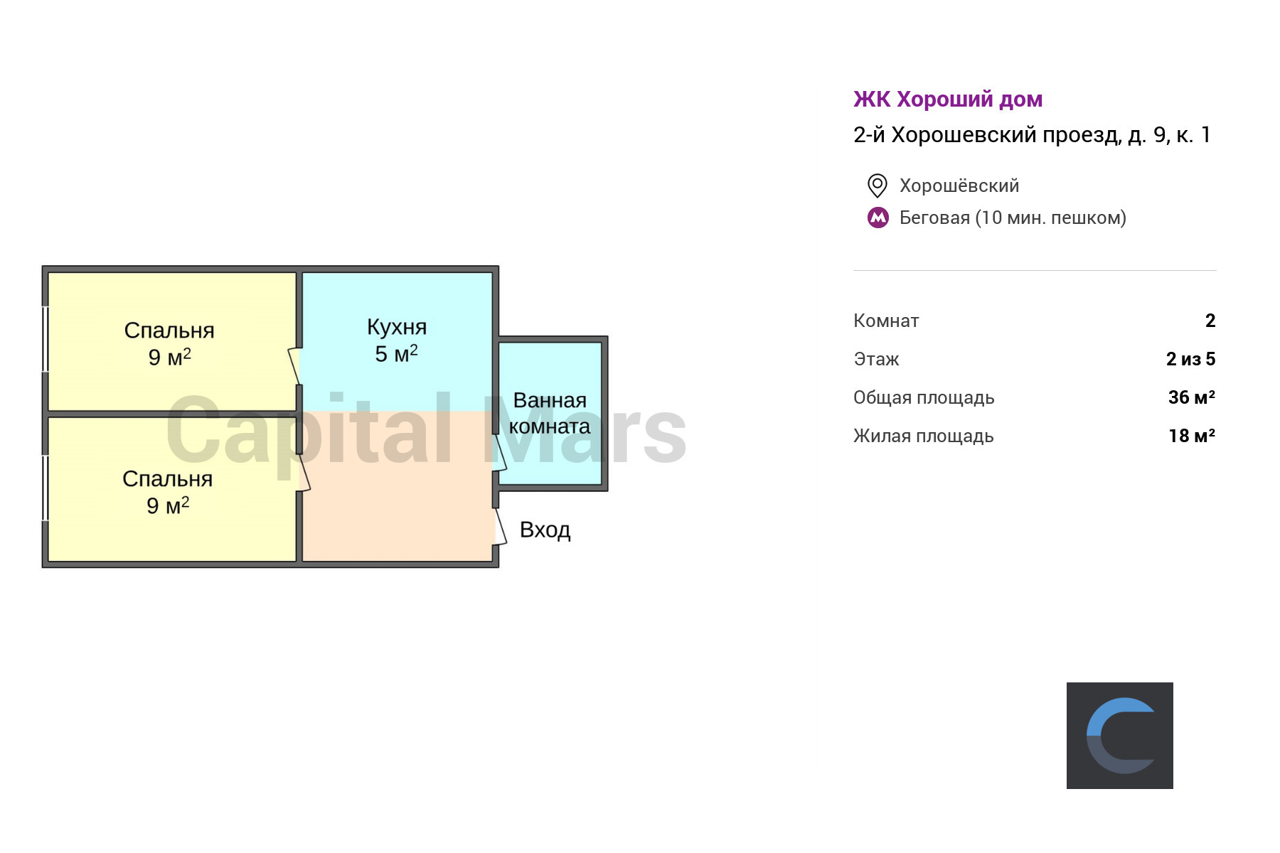 Продажа двухкомнатной квартиры, 36 кв.м, проезд 2-й Хорошёвский, д 9 к 1 в  Москве — цены, фото, планировка на Capital Mars