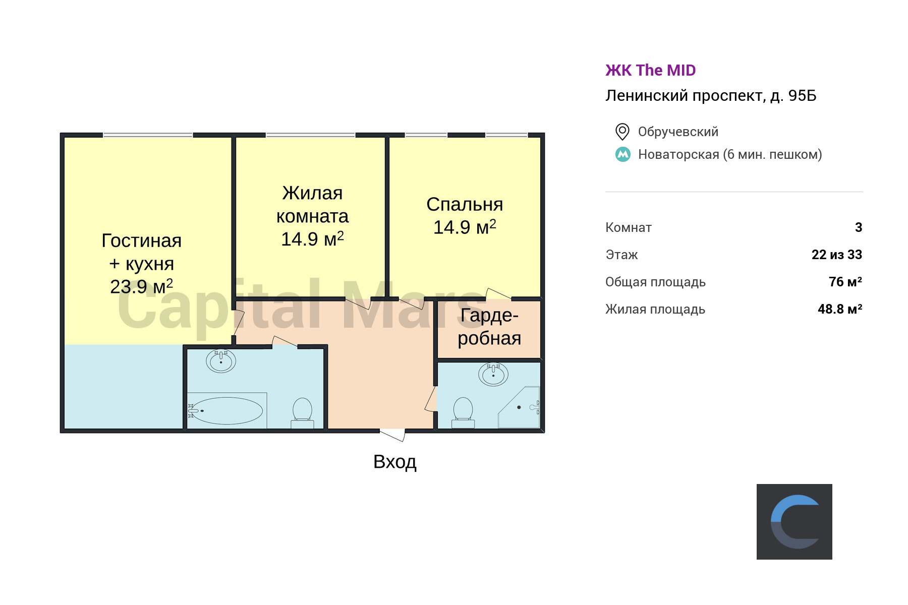 Продажа трехкомнатной квартиры, 76 кв.м, пр-кт Ленинский, д 95Б в Москве —  цены, фото, планировка на Capital Mars