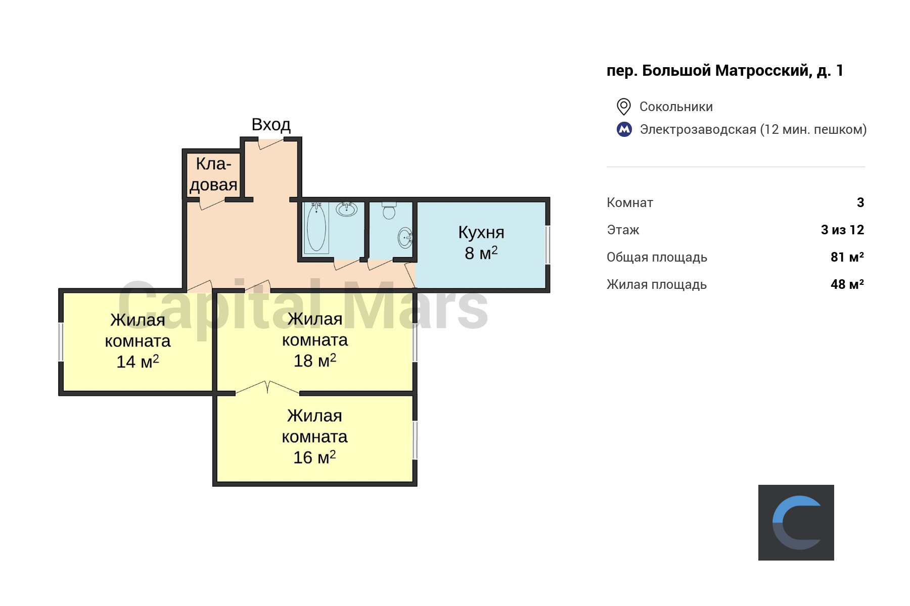 Продажа трехкомнатной квартиры, 81 кв.м, пер Большой Матросский, д 1 в  Москве — цены, фото, планировка на Capital Mars