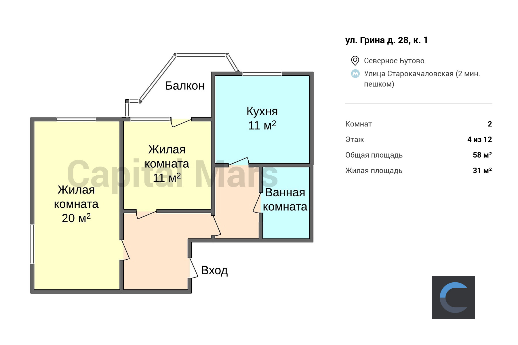 Продажа двухкомнатной квартиры, 58 кв.м, ул Грина, д 28 к 1 в Москве —  цены, фото, планировка на Capital Mars